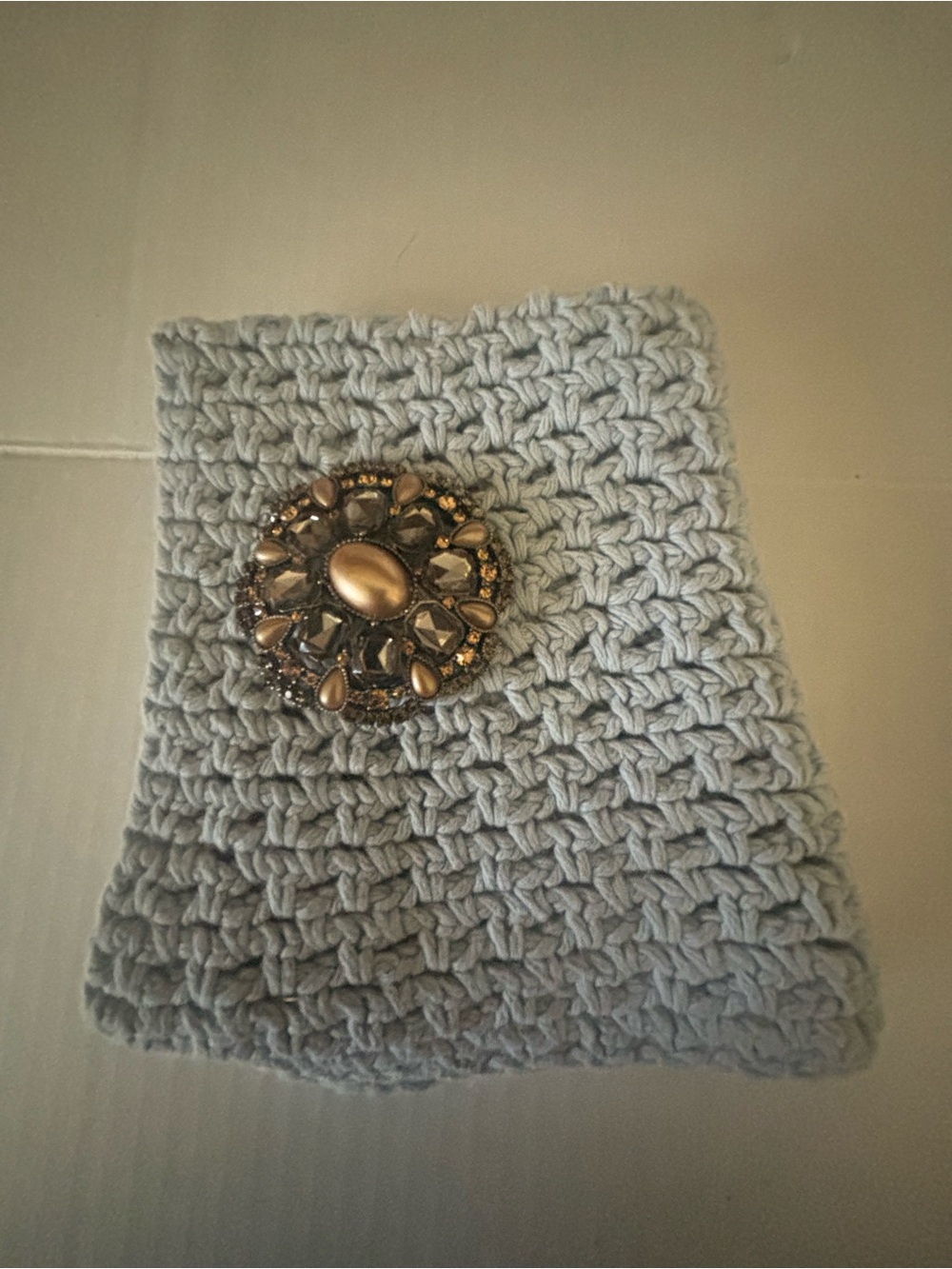 Handmade Light Gray Crochet Wash cloth with Decorative Brooch gift set